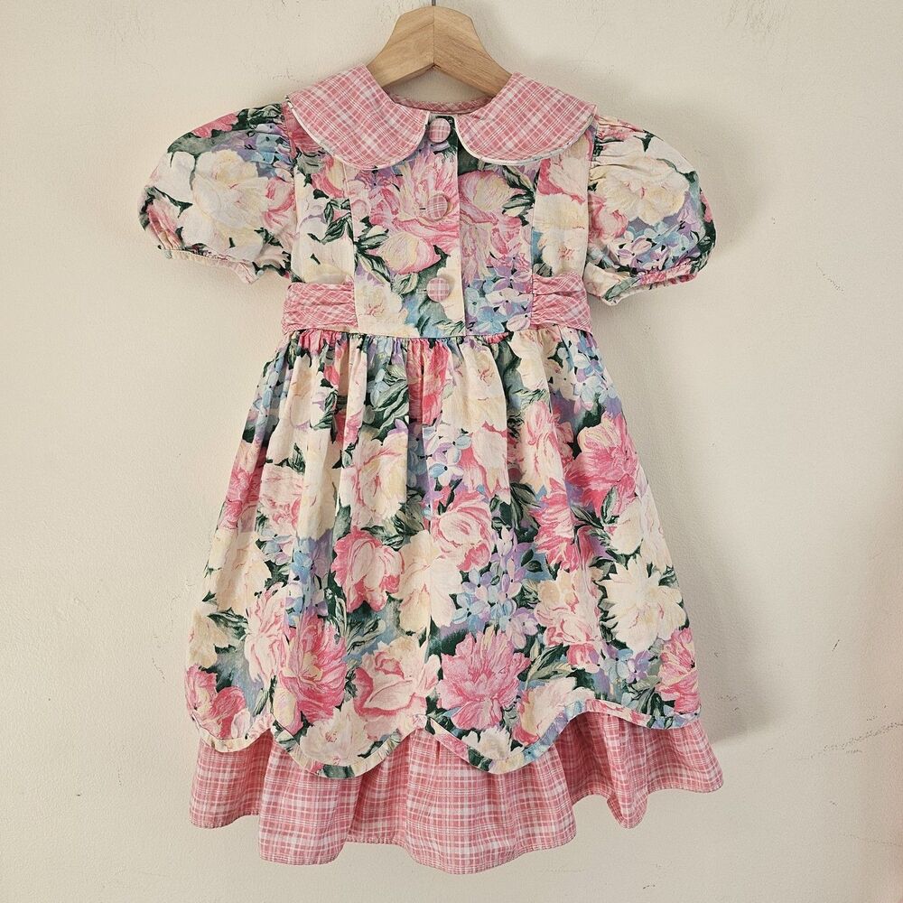 Vintage Bonnie Jean Girls Floral Dress Size 4 Pink Plaid Peter Pan Collar USA